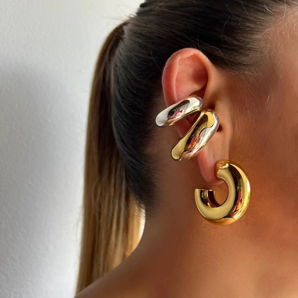 18k Stainless Steel Fadeless Cylindrical Hollow Tube Shaped Chunky Fashion Clip-on Earrings For Female Ear Cuff Earrings
