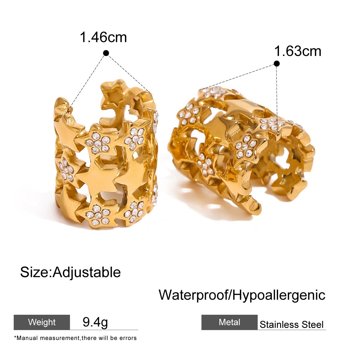 Women's Earrings 2024 Fancy Rhinestone Paved Engraved Star Shaped Non Pierced Gold Plated Fine Ear Cuff Earrings