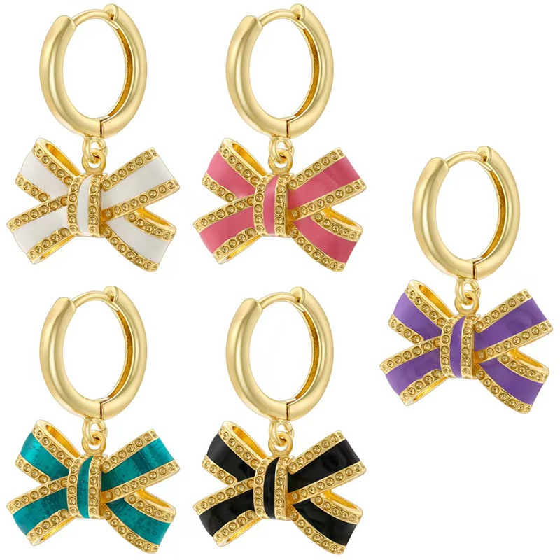 Diamond-Studded Copper Gold-Plated Drop Oil Bow Earrings for Ladies Fashion Cuff Jewelry Accessories