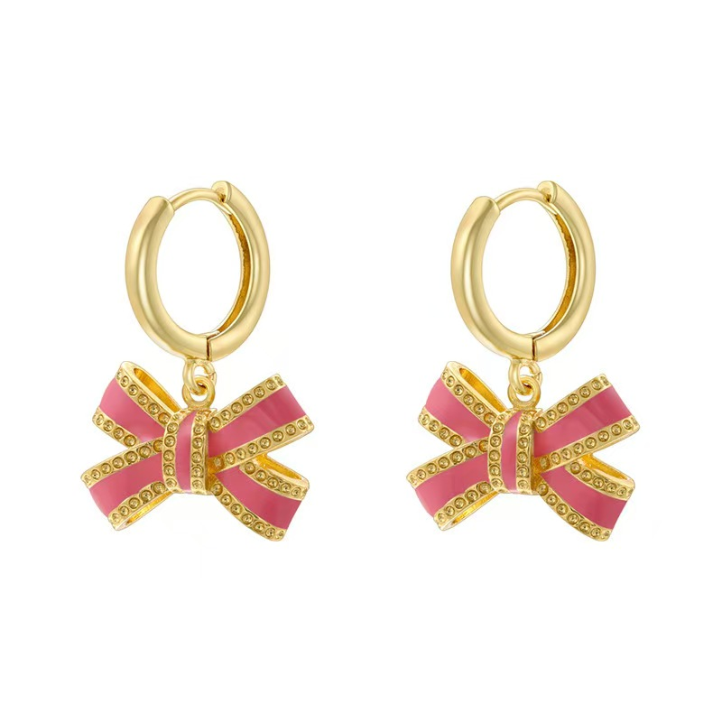 Diamond-Studded Copper Gold-Plated Drop Oil Bow Earrings for Ladies Fashion Cuff Jewelry Accessories