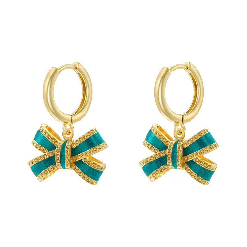 Diamond-Studded Copper Gold-Plated Drop Oil Bow Earrings for Ladies Fashion Cuff Jewelry Accessories