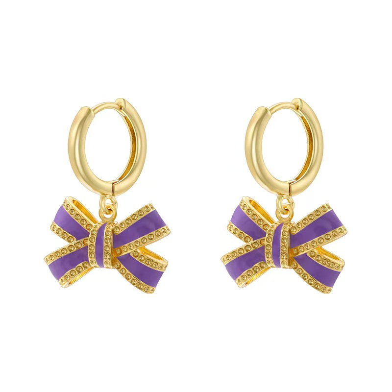 Diamond-Studded Copper Gold-Plated Drop Oil Bow Earrings for Ladies Fashion Cuff Jewelry Accessories