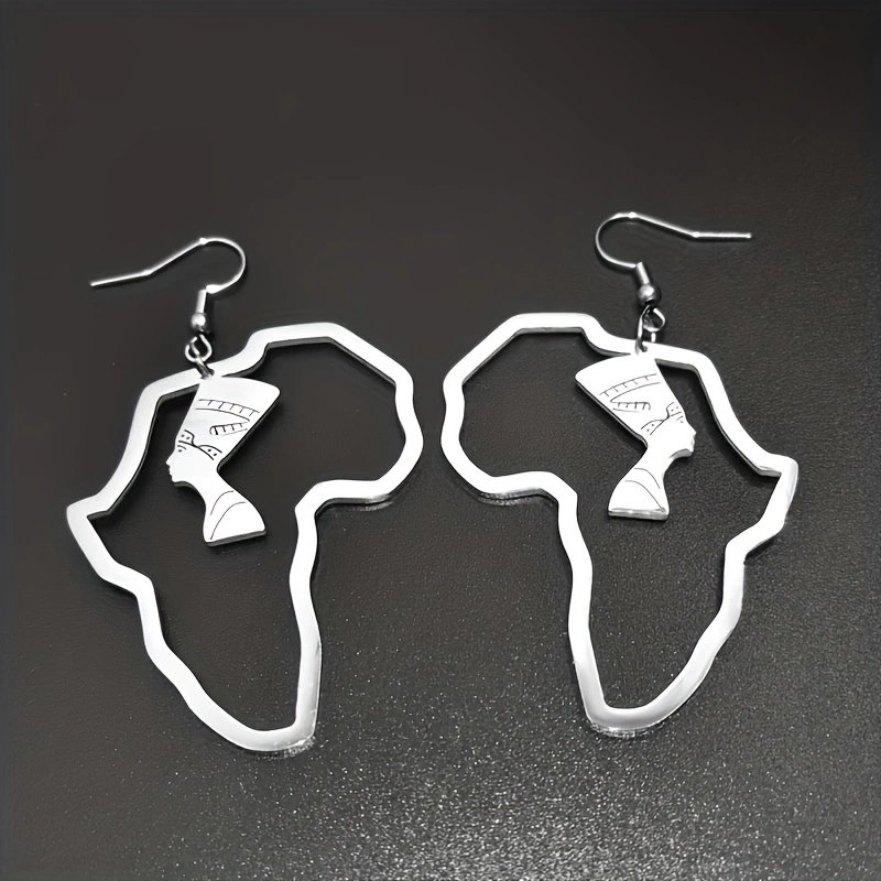 Wholesale Custom Stainless Steel African Map Drop Earring Egyptian Queen Hollow Figure Design Fashion Jewelry Earrings for Women
