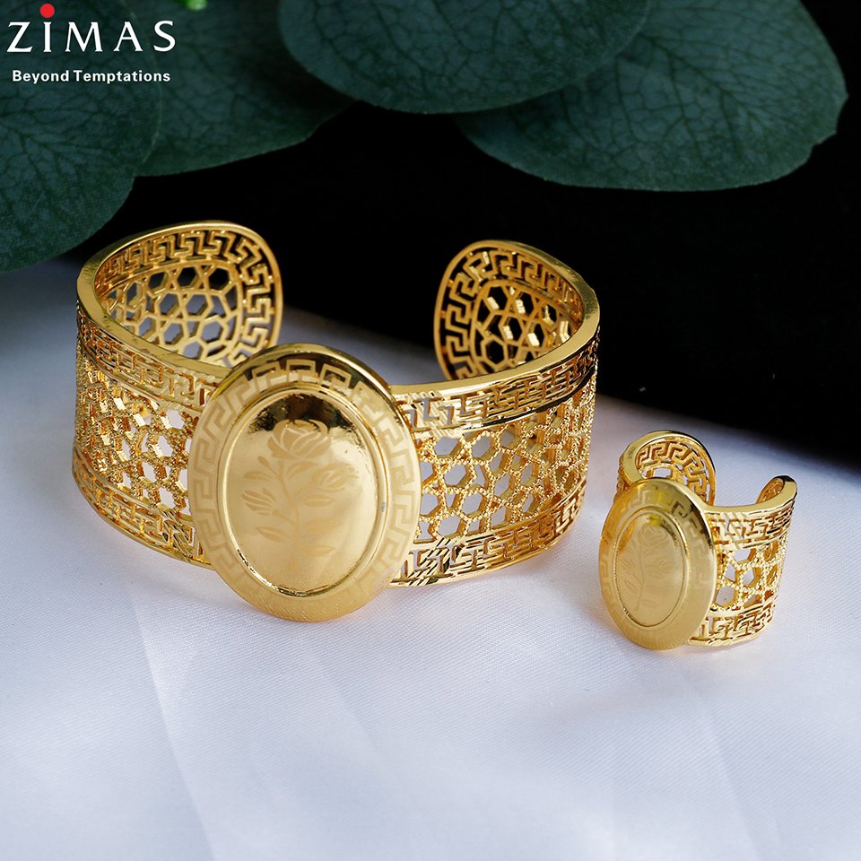 Zimas 18 K gold plated filled Dubai Cheap Custom Big Cuff Bangle Rings Jewelry Set Bridal