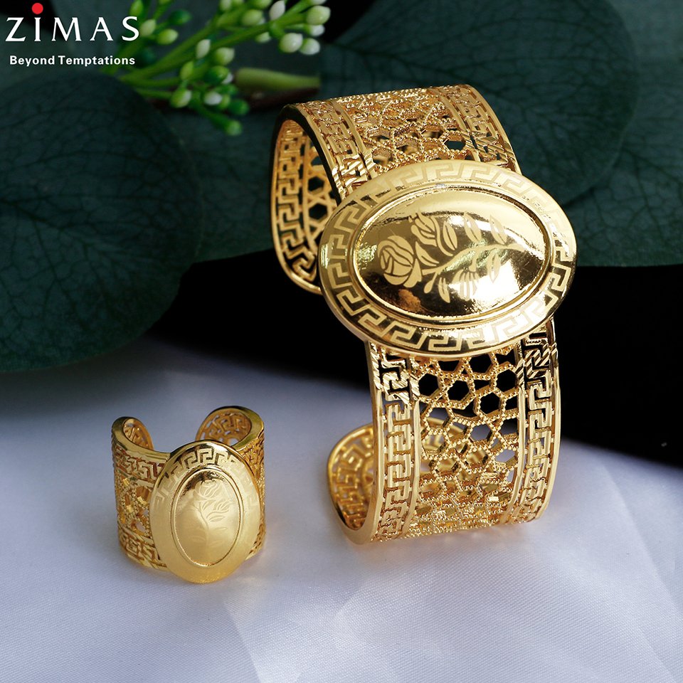Zimas 18 K gold plated filled Dubai Cheap Custom Big Cuff Bangle Rings Jewelry Set Bridal