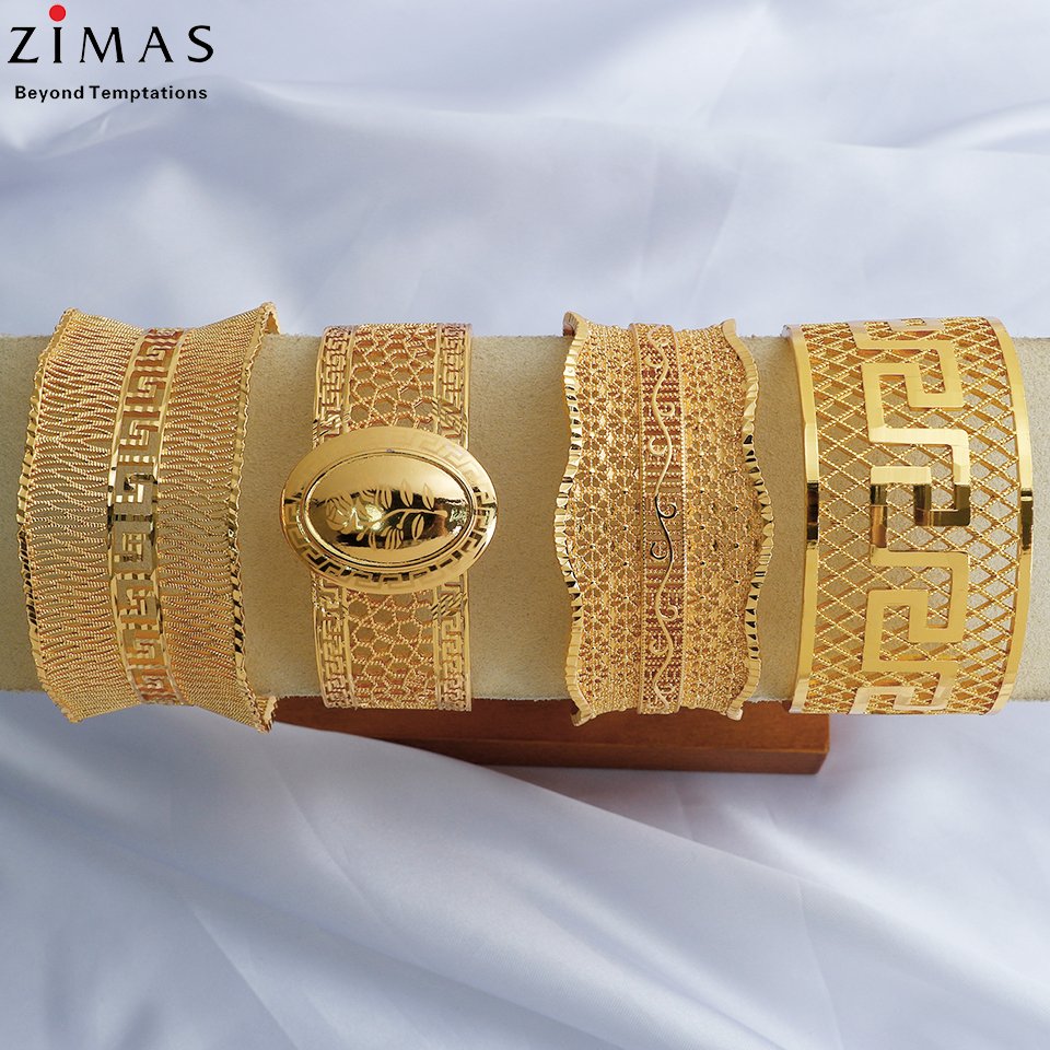 Zimas 18 K gold plated filled Dubai Cheap Custom Big Cuff Bangle Rings Jewelry Set Bridal