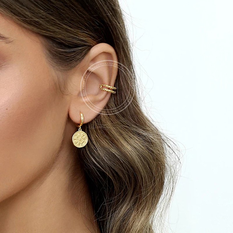 Convex Texture 18k Gold Plated Fine Cuff Earrings Vintage Luxury Jewelry