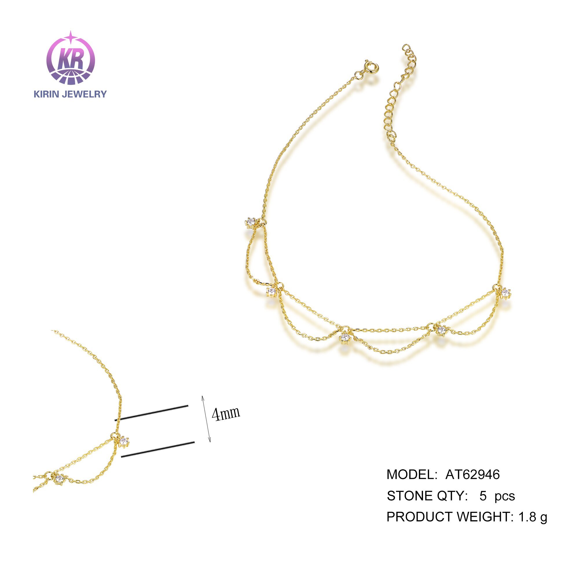 Kirin Wholesale Custom Fine jewelry zircon 14k gold chain links custom diamond tennis bracelet