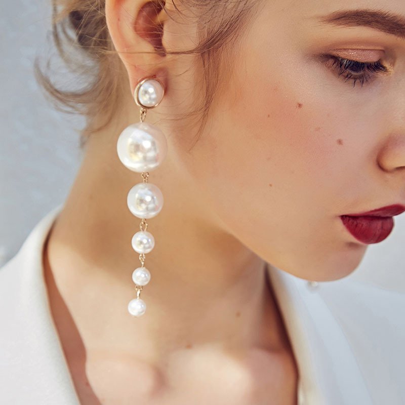 Woying Brand New Long Simulated Pearl Beads Tassel Earrings Indian Bridal Women Statement Drop Earrings Wedding Jewelry Earrings