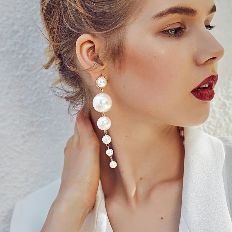 Woying Brand New Long Simulated Pearl Beads Tassel Earrings Indian Bridal Women Statement Drop Earrings Wedding Jewelry Earrings