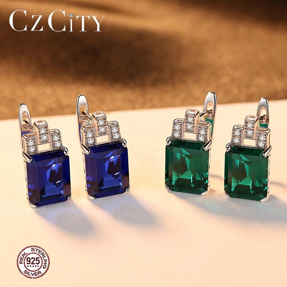CZCITY Elegant Square Shape Emerald Stone Cuff Earrings 925 Sterling Silver Anniversary Huggie Hoop Jewelry