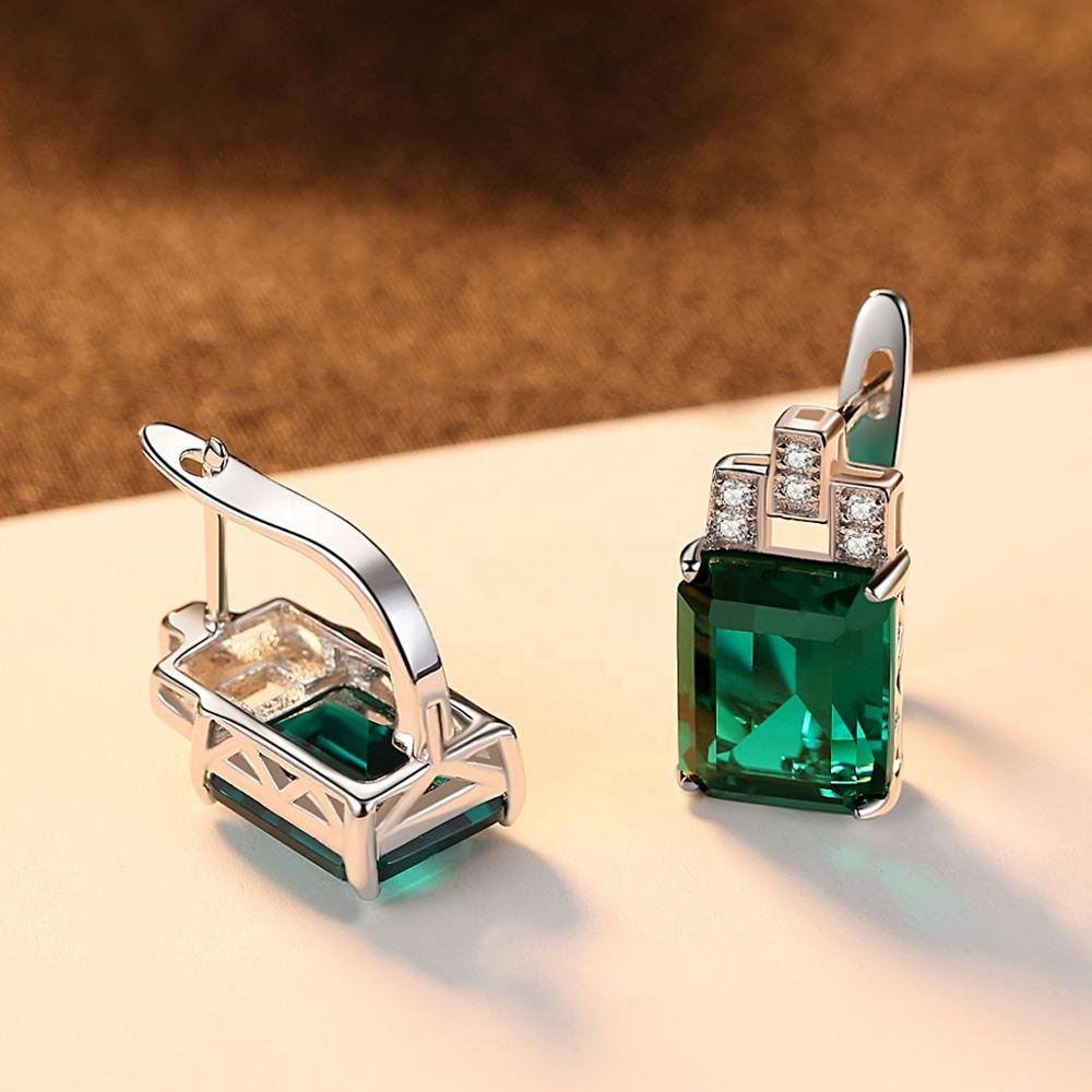 CZCITY Elegant Square Shape Emerald Stone Cuff Earrings 925 Sterling Silver Anniversary Huggie Hoop Jewelry