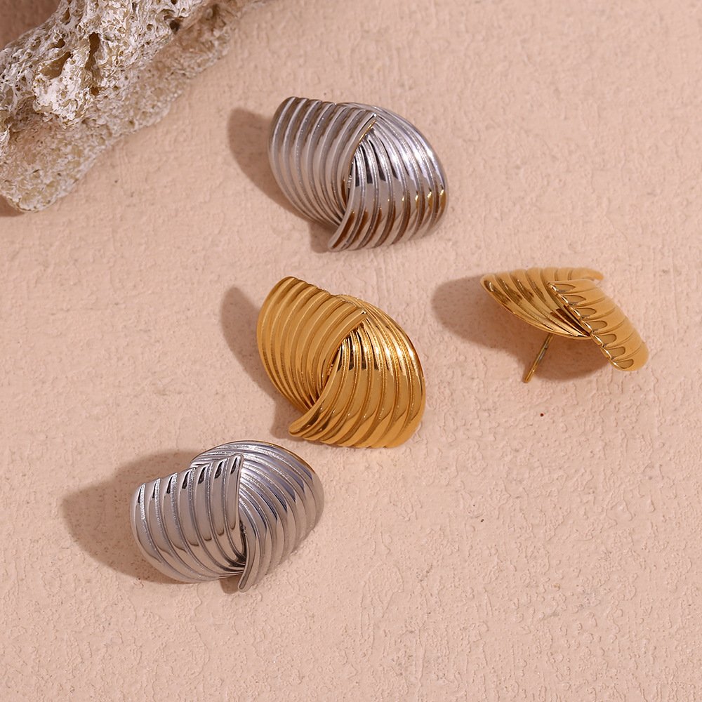 Waterproof Geometric Stainless Steel 18K Gold PVD Plated Jewelry Engraved Cross Fan-shaped Metal Stud Earrings Women
