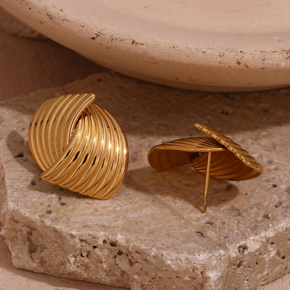 Waterproof Geometric Stainless Steel 18K Gold PVD Plated Jewelry Engraved Cross Fan-shaped Metal Stud Earrings Women