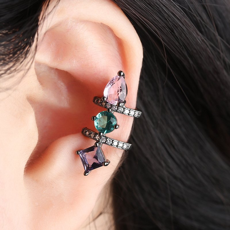 South American Multoclor Black Gold Luxury Zirconia Double Ear Cuff Vintage Korean Earrings for Anniversary