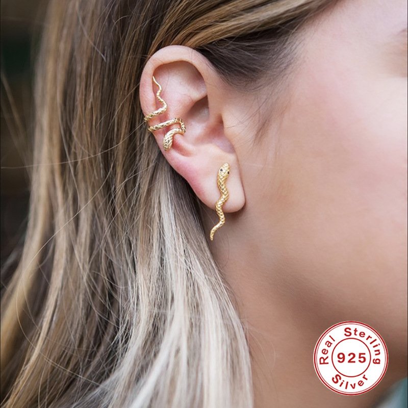 Minimalist Fine Jewelry 925 Sterling Silver Ear cuff 18K Gold Plated Winding Snake Clip On Earrings