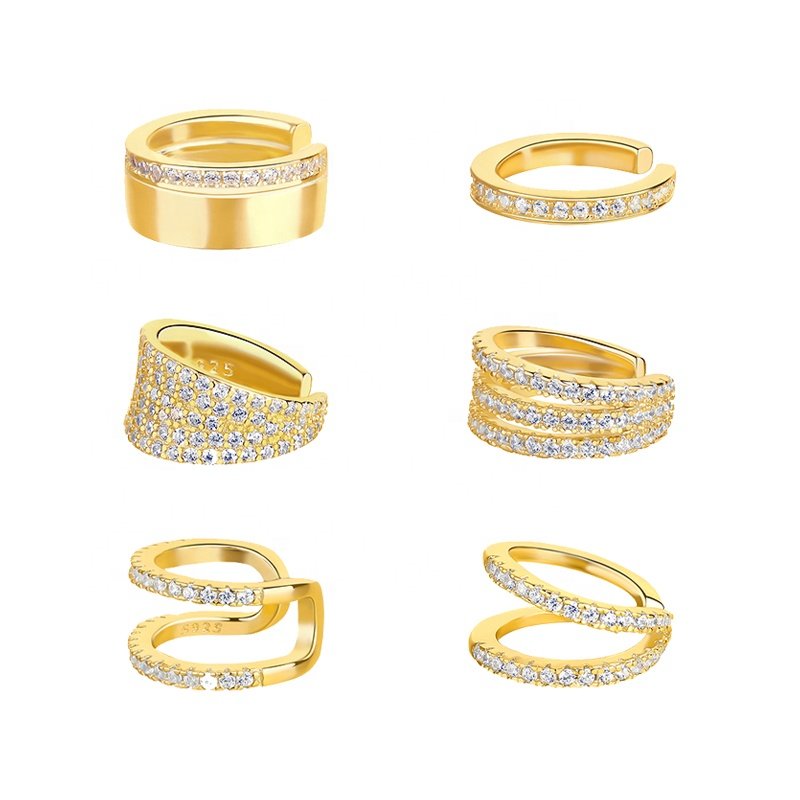 Trendy classic 925 Sterling silver statement jewelry 18k gold dainty pave zircon chunky ear cuffs for non pierced ears