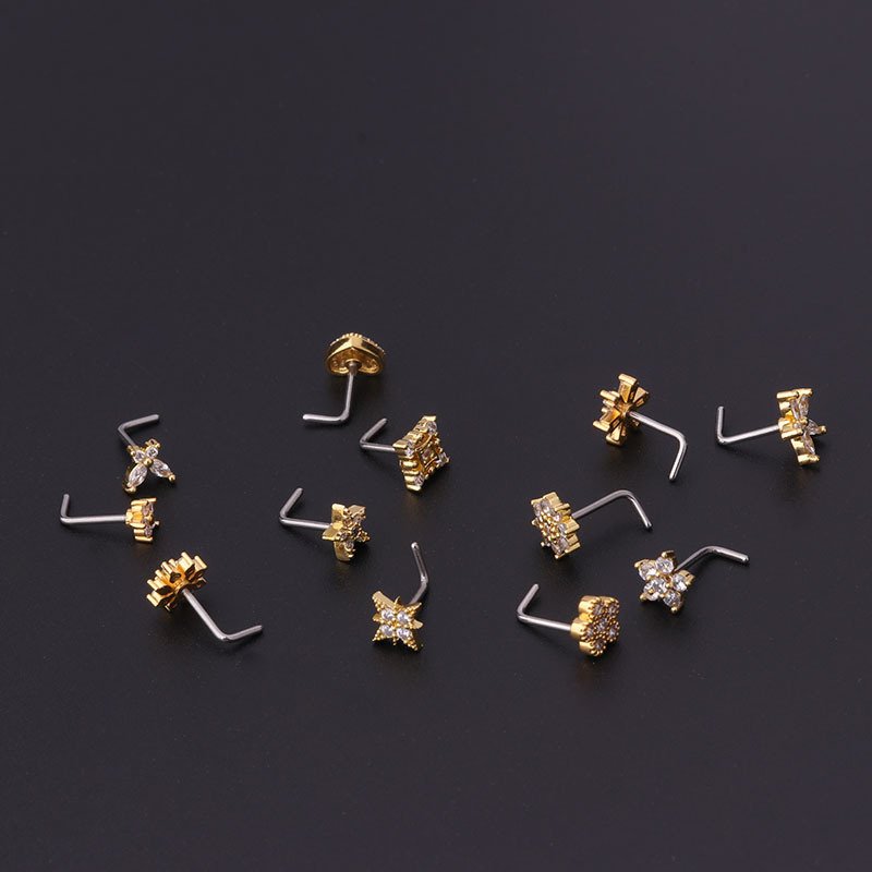 Brass Rhinestone Plum Flower Heart Star Crown Clip on Nose Ear Clip Cuff Piercing Nose Ring for Women Girls Nose Studs