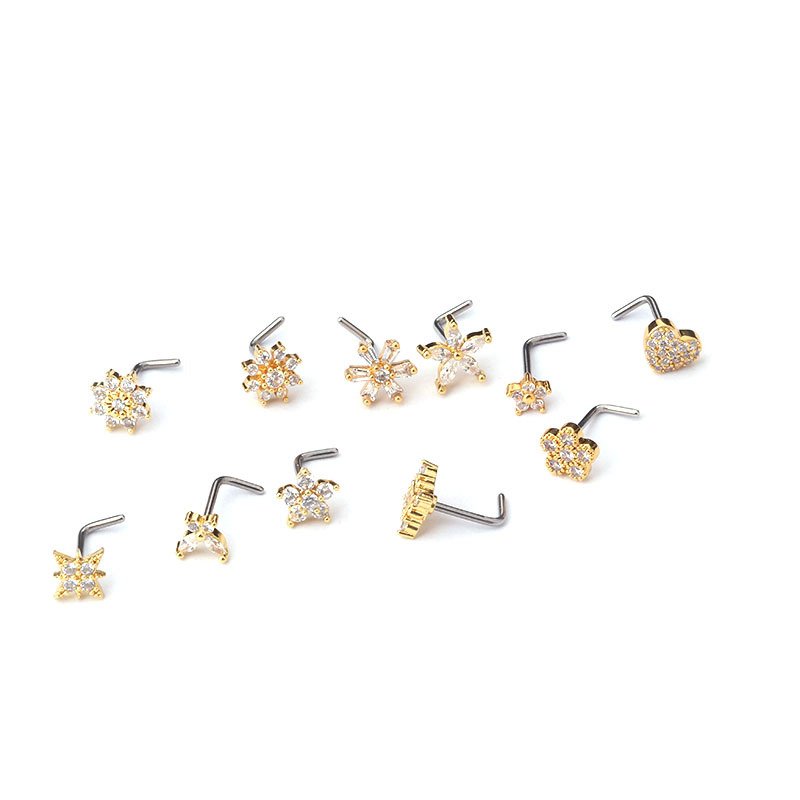 Brass Rhinestone Plum Flower Heart Star Crown Clip on Nose Ear Clip Cuff Piercing Nose Ring for Women Girls Nose Studs