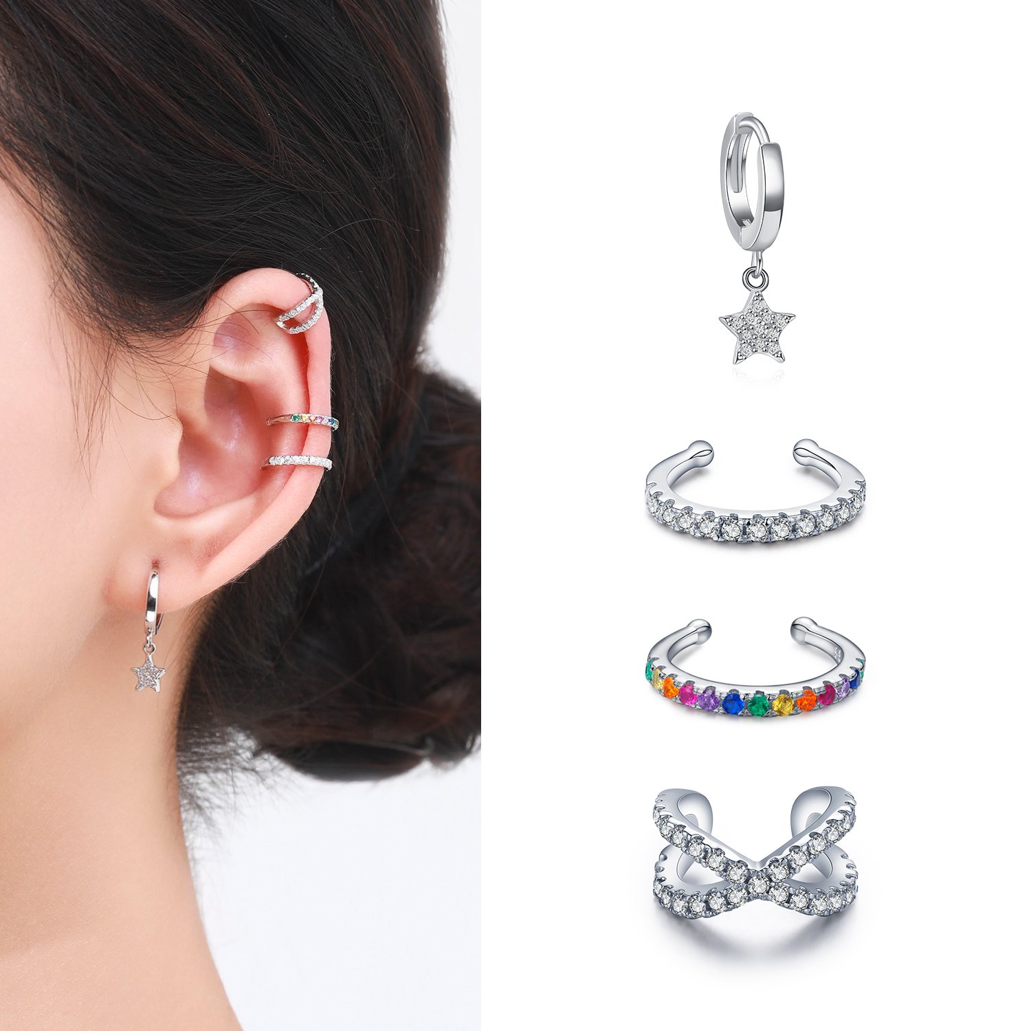 1Piece Rainbow Ear Cuff 925 Sterling Silver Fashion Unique Circle Tiny Clip Earrings For Women Girl Fine Jewelry Accessories