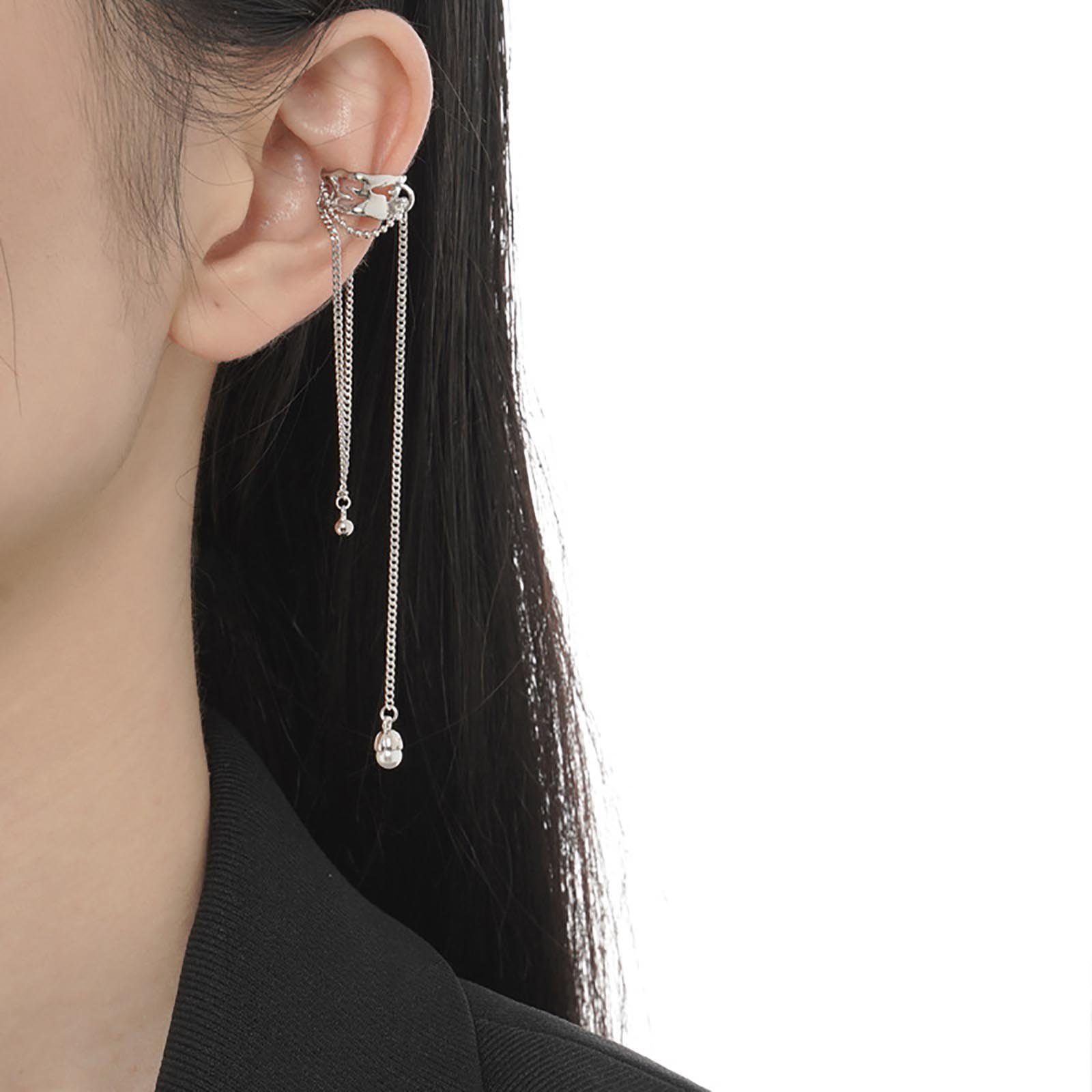 FUAMAY Fashion Jewelry 925 Sterling Silver Sweet Simple Temperament Fashion Pearl Dangle Long Ear Cuff Earrings