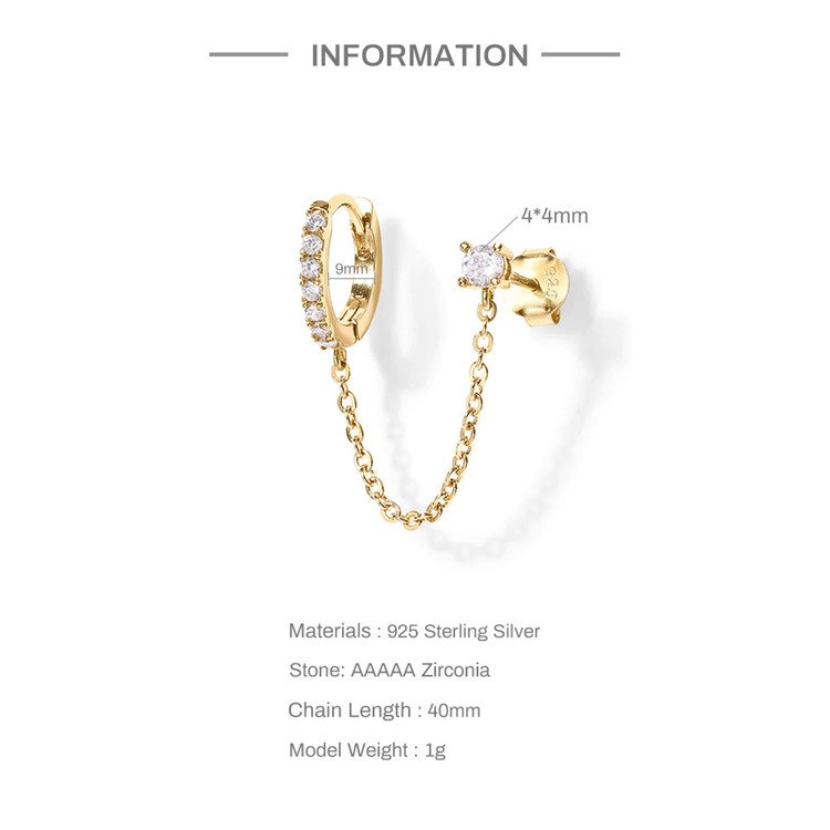 SP S925 Sterling Silver Diamond Ear Buckle Ear Ring Long Chain Cuff Earrings 925 Sterling Silver