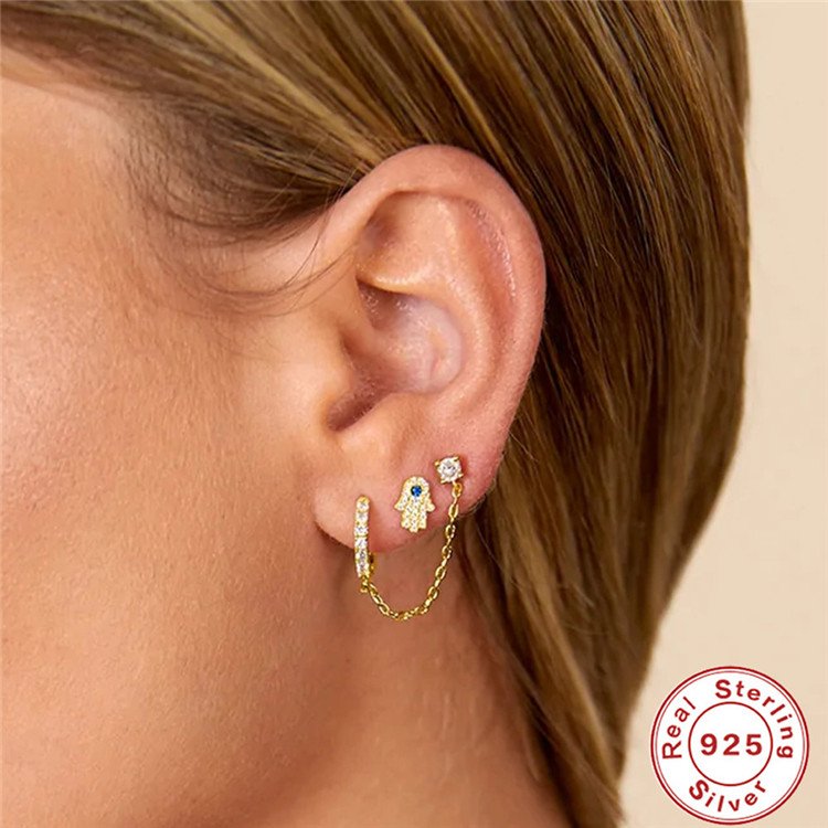 SP S925 Sterling Silver Diamond Ear Buckle Ear Ring Long Chain Cuff Earrings 925 Sterling Silver