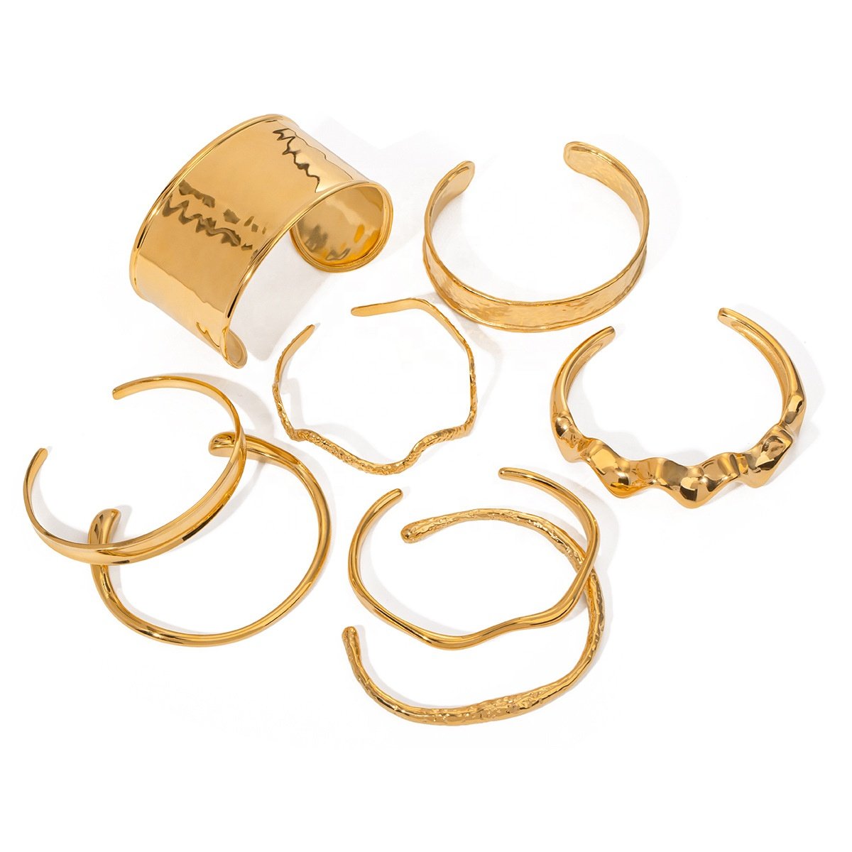 Trendy Fashion Fine Jewelry Set Cuff Bangle 18k Gold Plated Stainless Steel Waterproof Hammered Statement Bracelet Set For Women