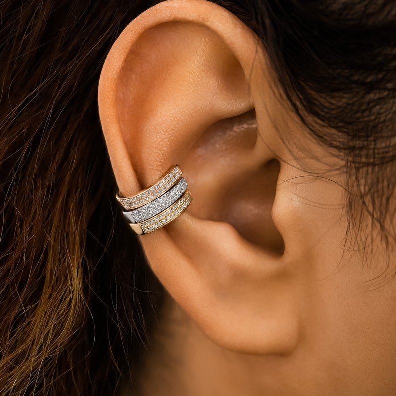 Luxurious Design Fashionable Statement Jewelry New Arrival 14K Solid Gold Real Diamond Ear Cuff Fine Jewelry Diamond Earrings