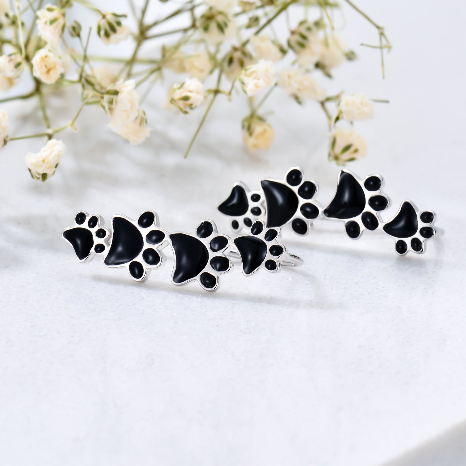 Fine Jewelry High Quality 925 Sterling Silver Ear Climbers Enamel Cute Dog Paw Print Cuff Earrings