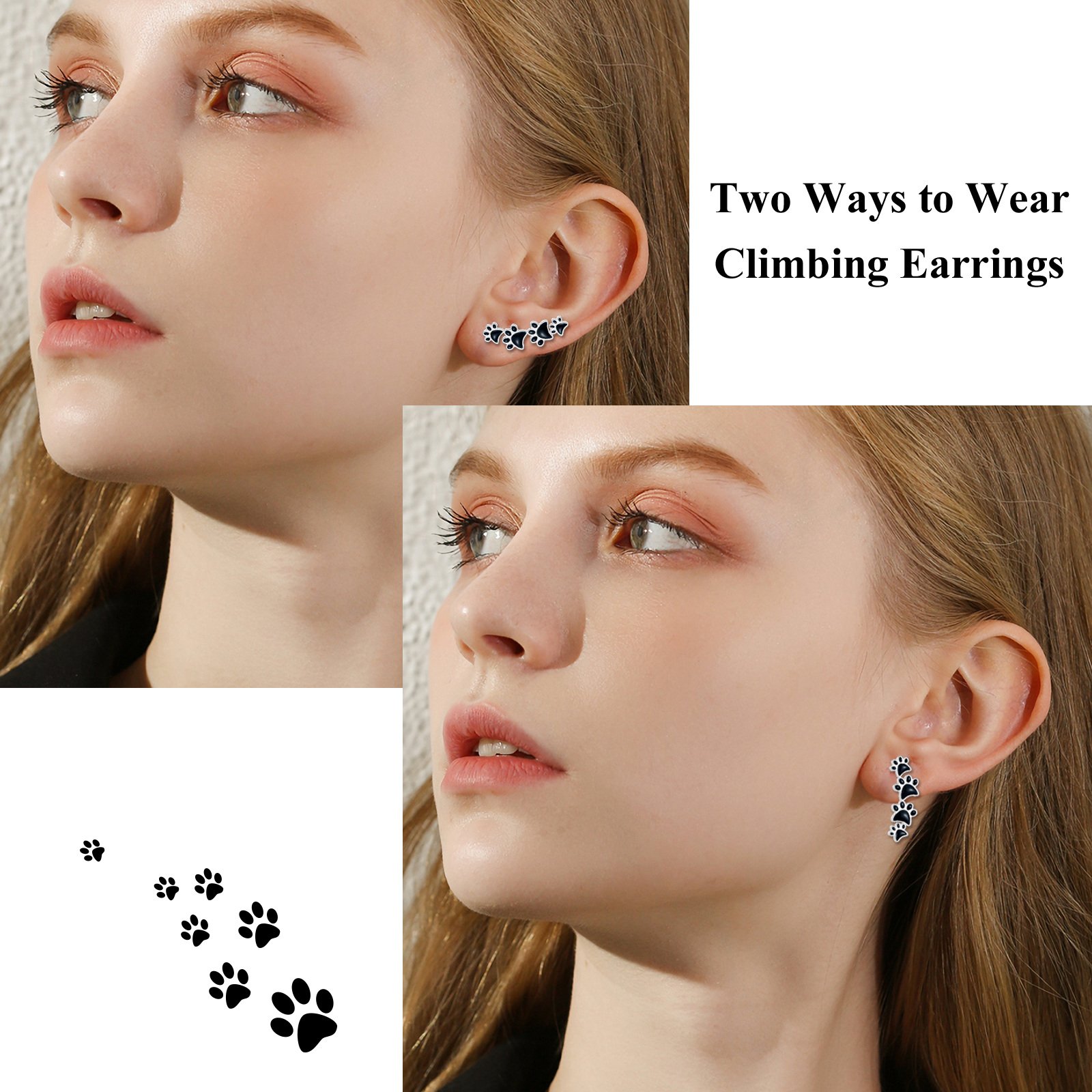 Fine Jewelry High Quality 925 Sterling Silver Ear Climbers Enamel Cute Dog Paw Print Cuff Earrings