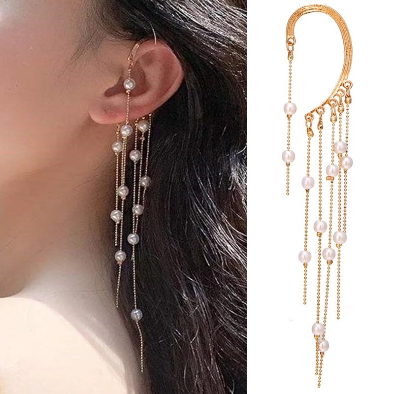 Women Pearl Ear Cuff Long Tassel Without Pierced Ears Chain Hanging Clip On Earrings Hook Holiday Party Trendy Fine Jewelry Gift