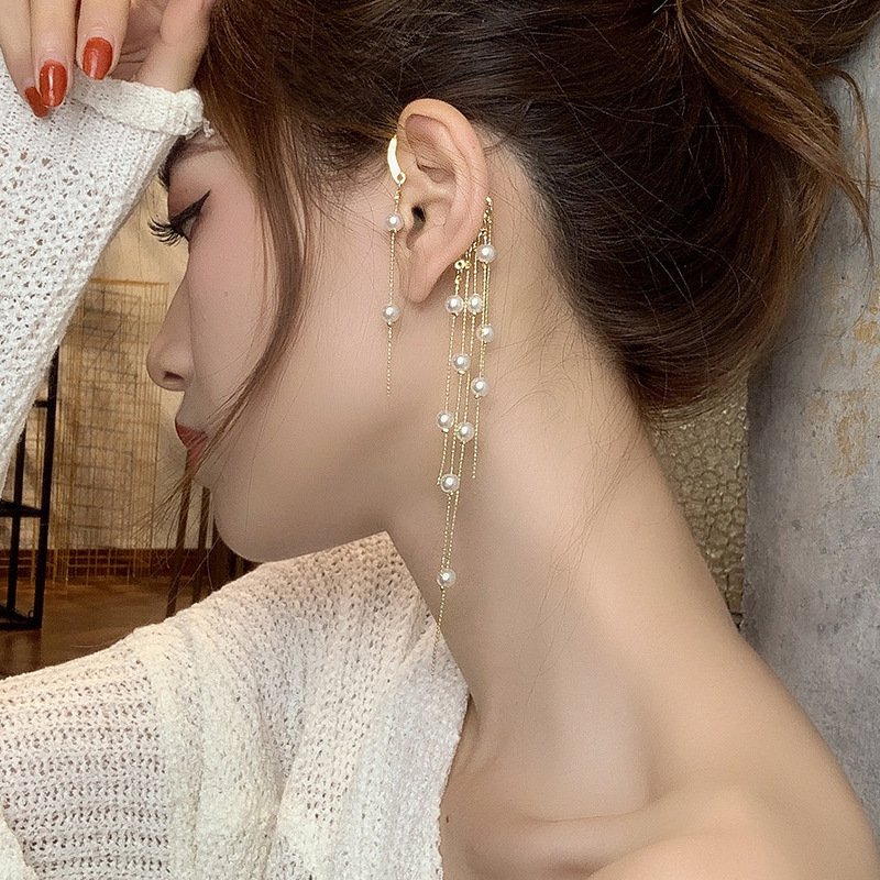 Women Pearl Ear Cuff Long Tassel Without Pierced Ears Chain Hanging Clip On Earrings Hook Holiday Party Trendy Fine Jewelry Gift