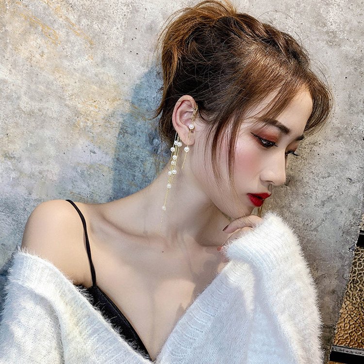 Women Pearl Ear Cuff Long Tassel Without Pierced Ears Chain Hanging Clip On Earrings Hook Holiday Party Trendy Fine Jewelry Gift