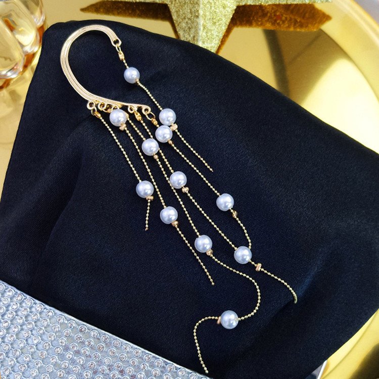 Women Pearl Ear Cuff Long Tassel Without Pierced Ears Chain Hanging Clip On Earrings Hook Holiday Party Trendy Fine Jewelry Gift