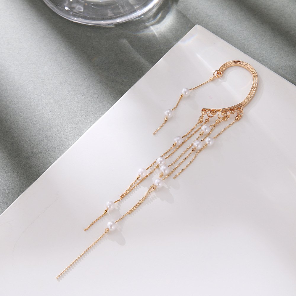 Women Pearl Ear Cuff Long Tassel Without Pierced Ears Chain Hanging Clip On Earrings Hook Holiday Party Trendy Fine Jewelry Gift