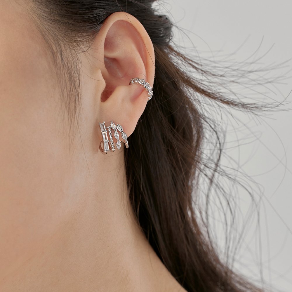 Dylam Tiny Fashion Fine Jewelry Earrings S925 Silver Eternity 5A Cubic Zirconia Baguette C Shape Women Girls Cuff Earrings