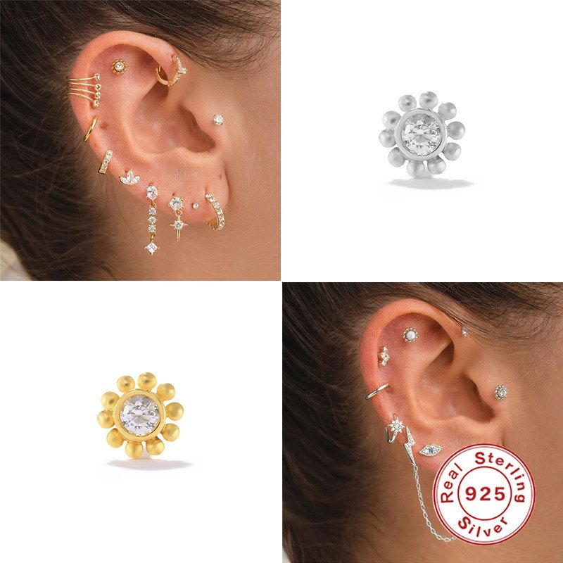 S925 Sterling Silver Gold Plated Mixed Styles Flower Snake Moon Star Screw Back Fine Piercing Cartilage Stud Women Earring
