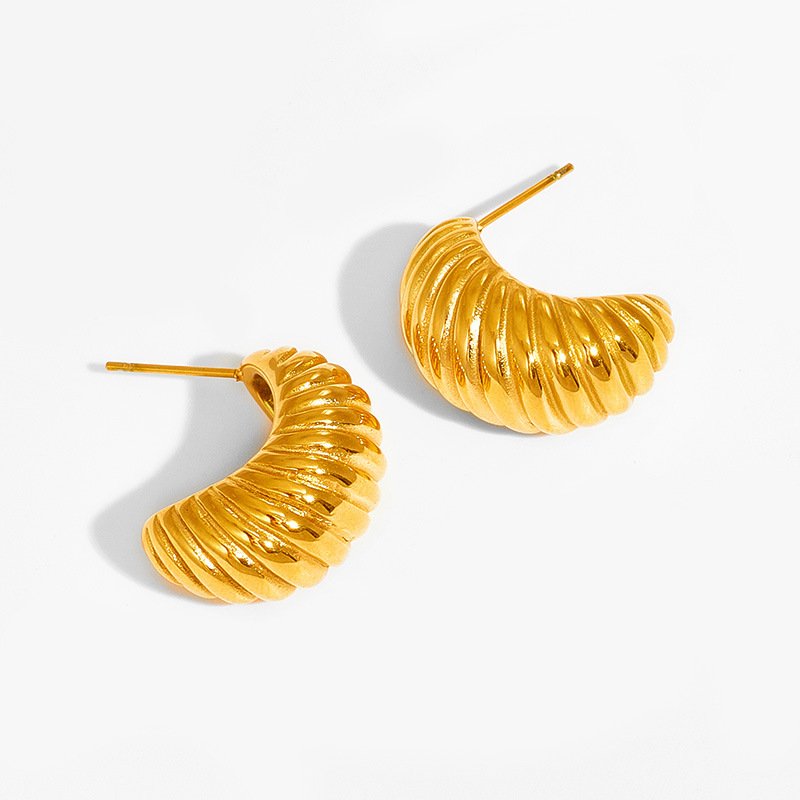 Fashion Vintage Earrings Stainless Steel Plated 18k Gold Twill Fat Croissant Earrings