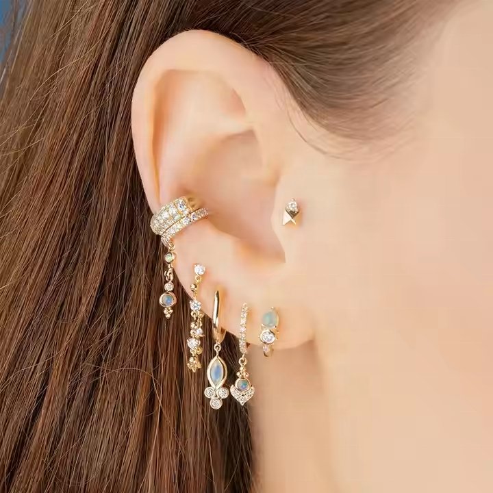 Fashion Jewelry Supplies 925 Sterling Silver Gold Plated Non Pierced Clip on Earring Opal Cuff Earrings for Women