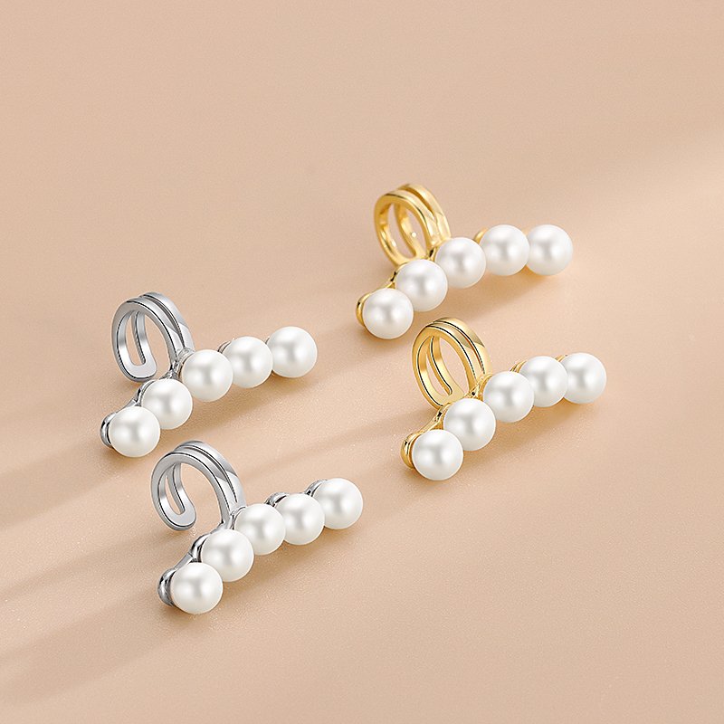 Simple 925 Sterling Silver Tiny Five Freshwater Pearls Minimalist Vintage Fashion Fine Jewelry Gold Plated Cuff Earrings Women