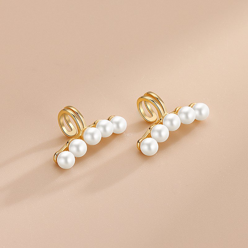 Simple 925 Sterling Silver Tiny Five Freshwater Pearls Minimalist Vintage Fashion Fine Jewelry Gold Plated Cuff Earrings Women