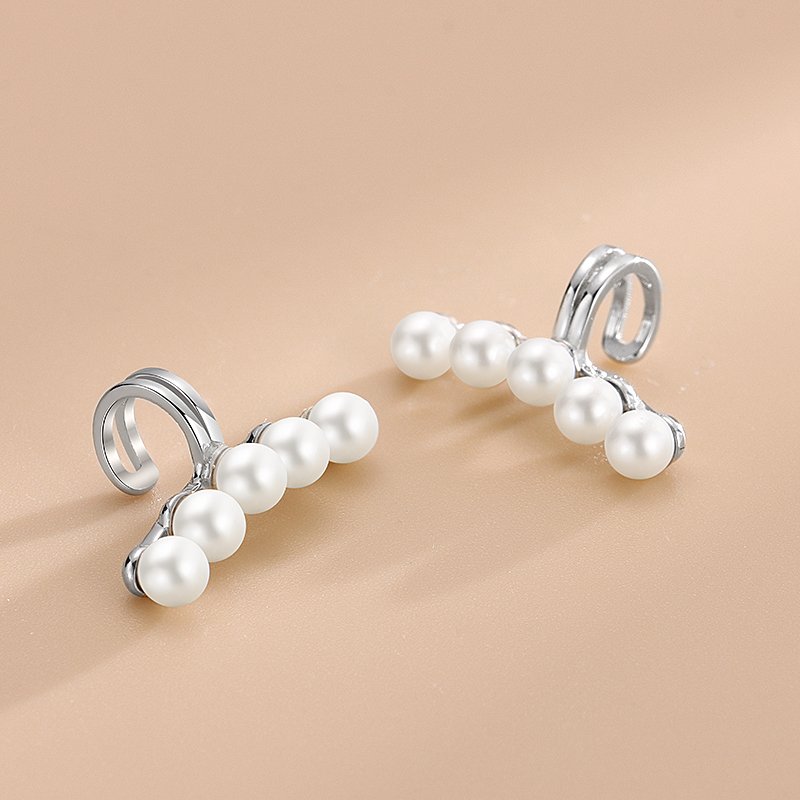 Simple 925 Sterling Silver Tiny Five Freshwater Pearls Minimalist Vintage Fashion Fine Jewelry Gold Plated Cuff Earrings Women
