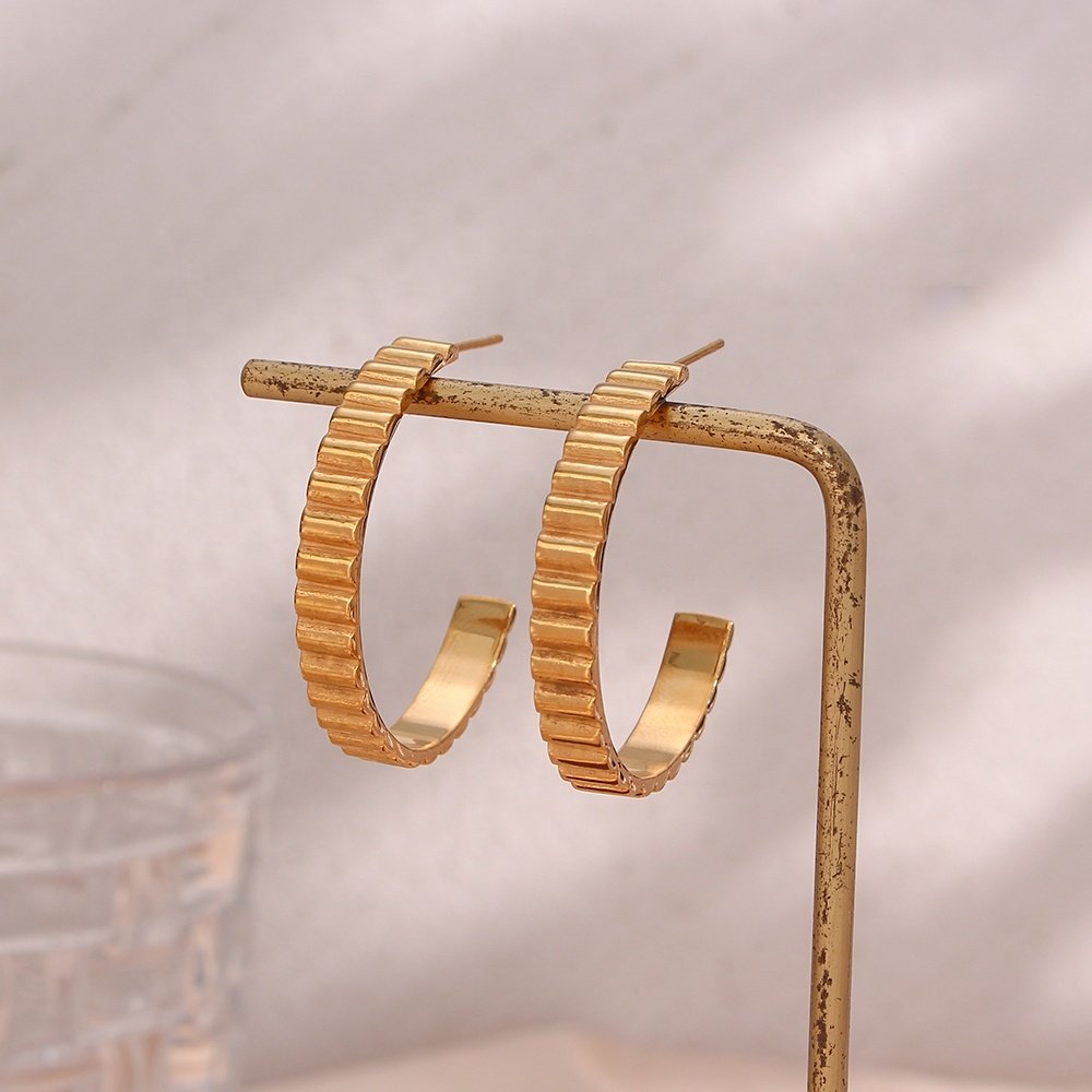18k Gold Plated Vertical Stripes Stud Earring Tarnish Free Open Bangle Stainless Steel Bangle Earring Ring Jewelry Set