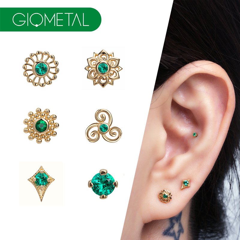 Giometal Emerald 18KT Solid Gold Flower Threadless Ends With Daith Helix Cartilage Piercing Earrings Fine Body Jewelry Wholesale