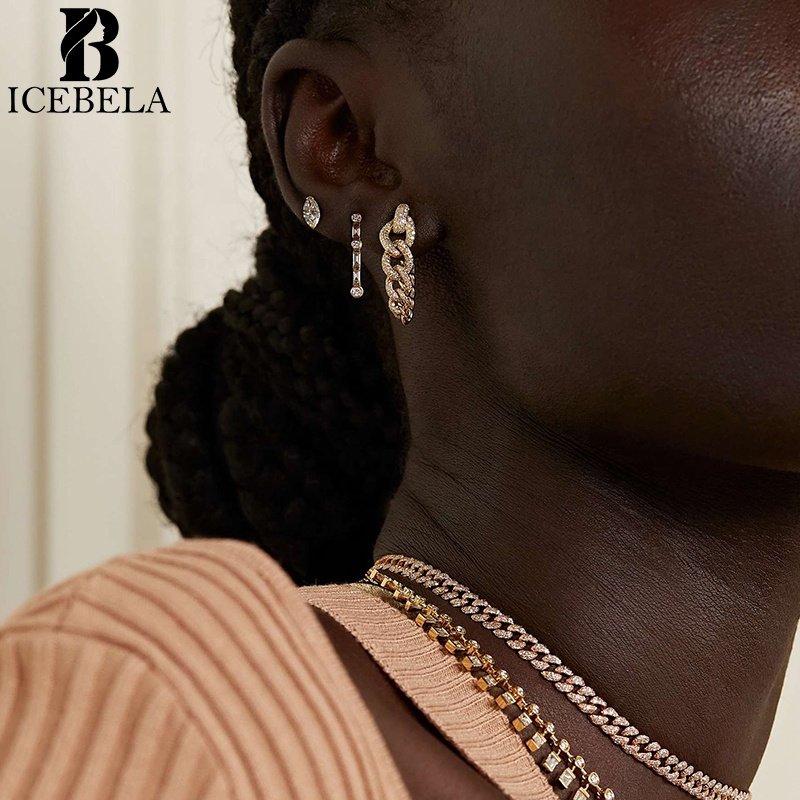 Fashion Fine Jewelry 925 Sterling Silver Earrings 18k Gold Plated Zircon Luxury Heavy Curb Link Chain Stud Earring For Girls