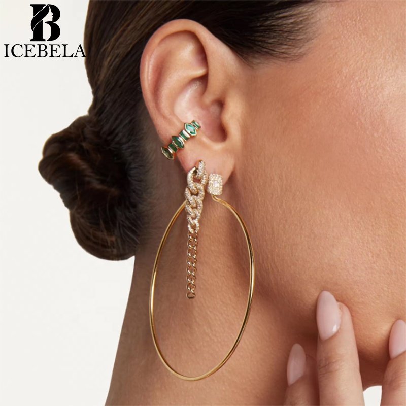 Fashion Fine Jewelry 925 Sterling Silver Earrings 18k Gold Plated Zircon Luxury Heavy Curb Link Chain Stud Earring For Girls