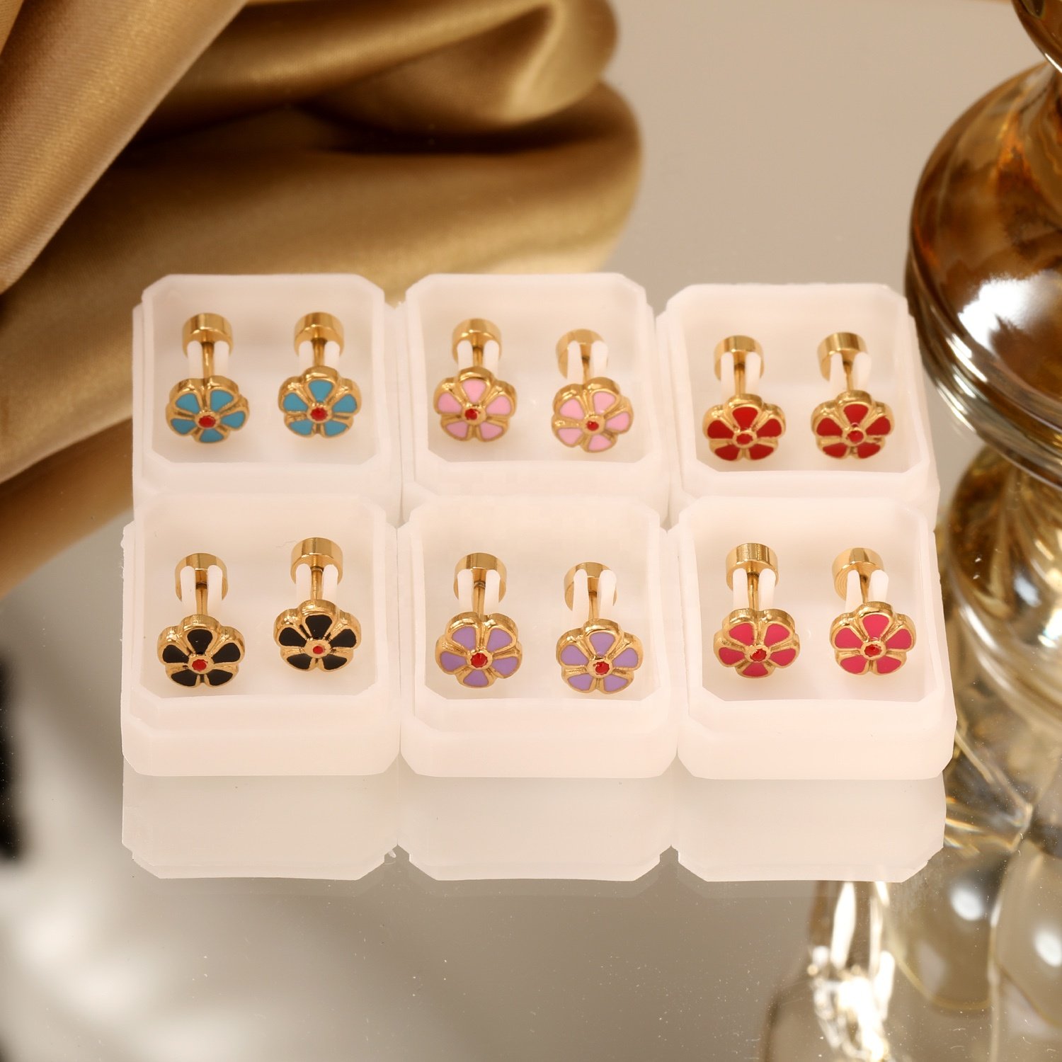 Waterproof Anti-Allergy Flower Women Children Kids Screw Back Stud Earring Fashion 18K Gold Plated Stainless Steel Earrings
