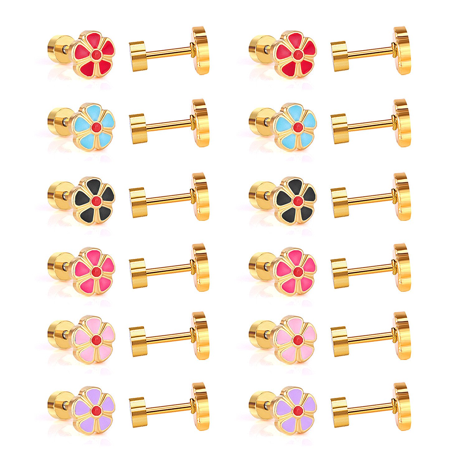 Waterproof Anti-Allergy Flower Women Children Kids Screw Back Stud Earring Fashion 18K Gold Plated Stainless Steel Earrings