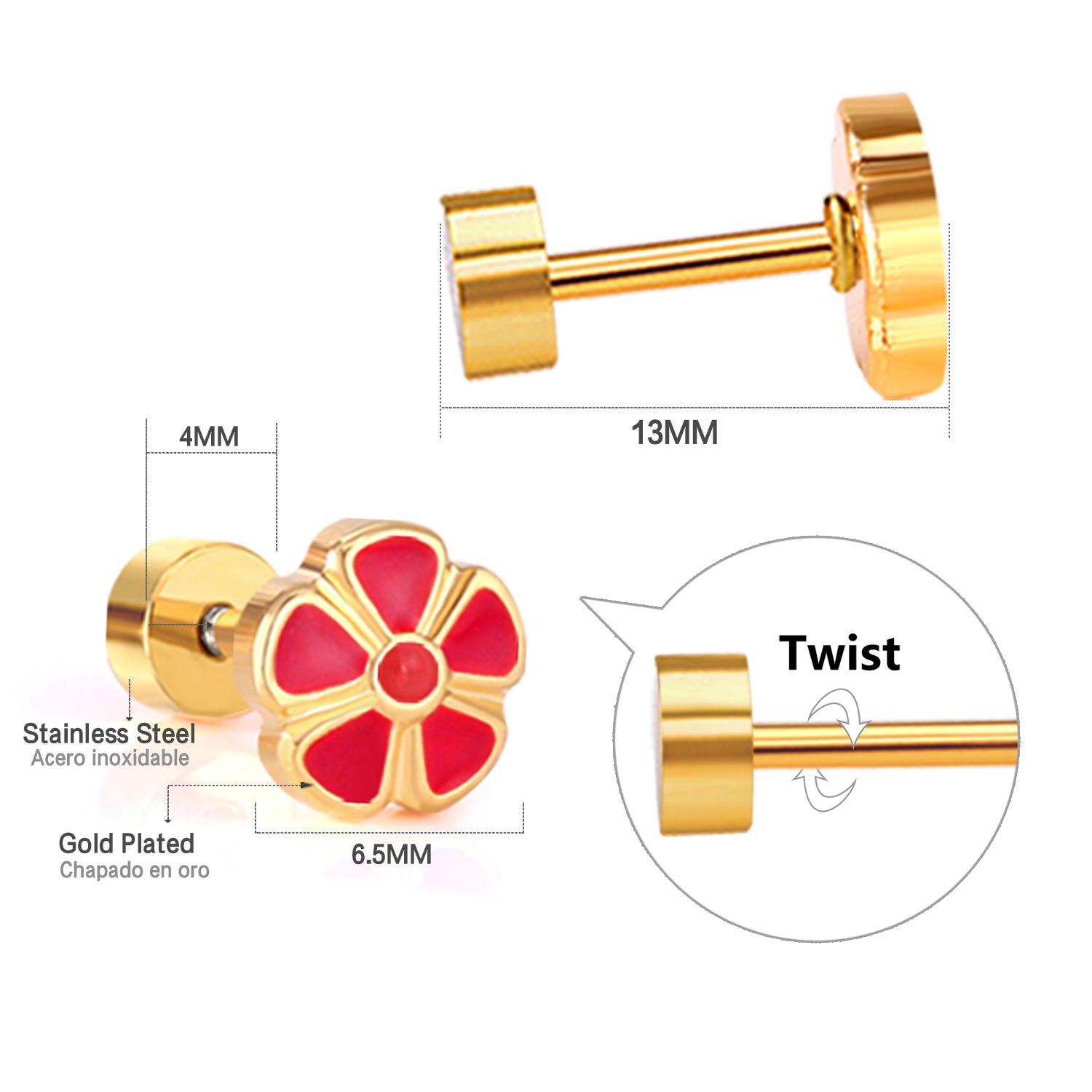 Waterproof Anti-Allergy Flower Women Children Kids Screw Back Stud Earring Fashion 18K Gold Plated Stainless Steel Earrings